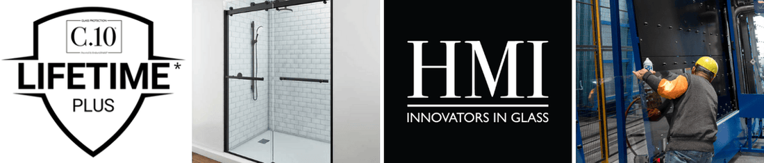 Collage showing EnduroShield Lifetime Plus badge, HMI Glass logo, protected shower enclosure, and installer applying commercial glass solutions