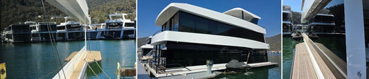 Luxury two-story houseboat at Lake Eildon featuring restored, dark-tinted windows treated with EnduroShield glass protection
