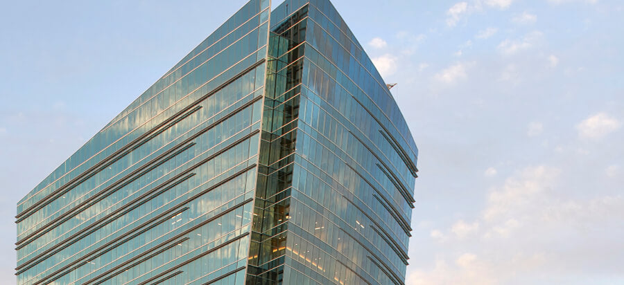 glass facade with coating applied